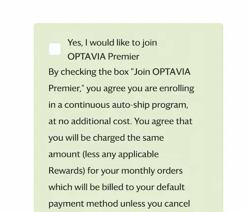photo of updated optavia checkout box after lawsuit