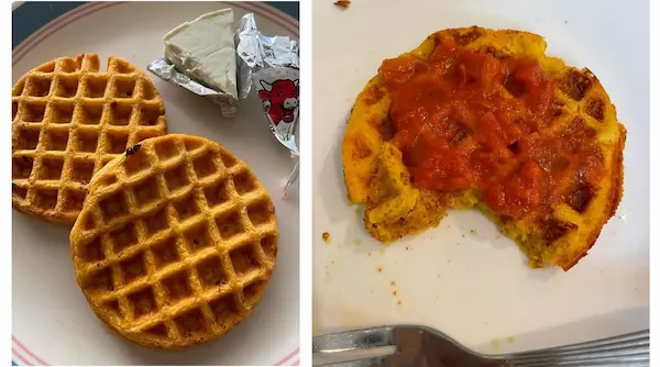 Photo of two waffles from Optavia mac and cheese fueling and waffle with tomato sauce