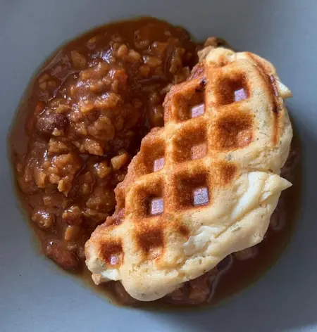 Picture of chili mix and mashed potato waffle hack