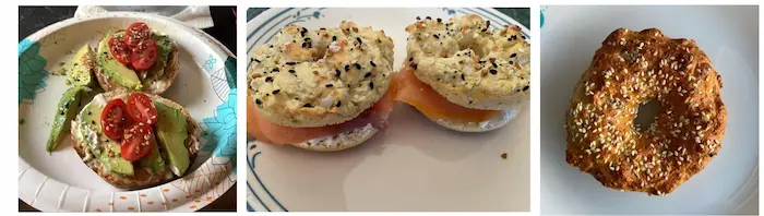 Photo of a mashed potato bagel with different toppings like salmon, eggs, or avocado