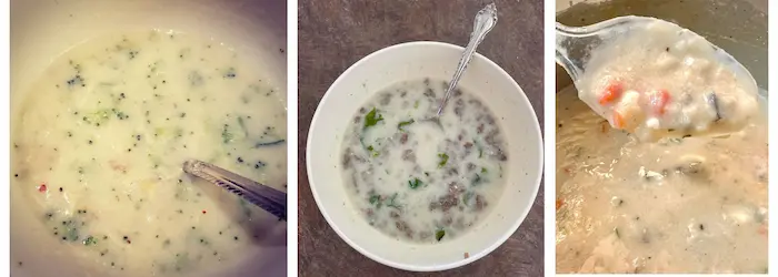 On the photo are three types of soup from mashed potato fueling.