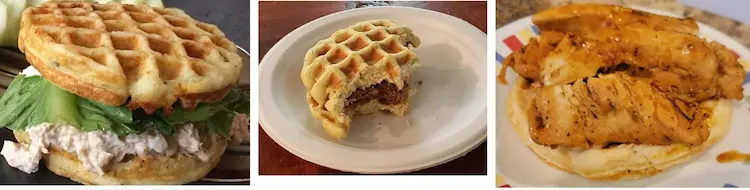 On the photo are three variations of mashed potato waffle hacks