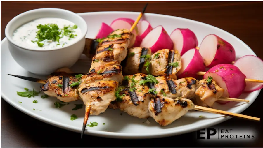 Grilled Chicken Kabobs with Cucumber Mint Yogurt Sauce and Roasted Radishes