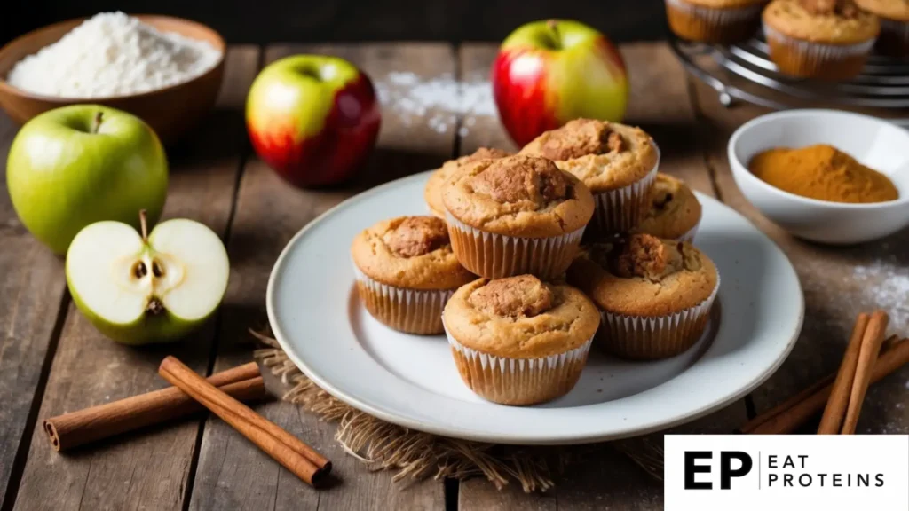 A rustic kitchen table with a plate of freshly baked apple cinnamon muffins, surrounded by ingredients like apples, cinnamon sticks, and coconut flour