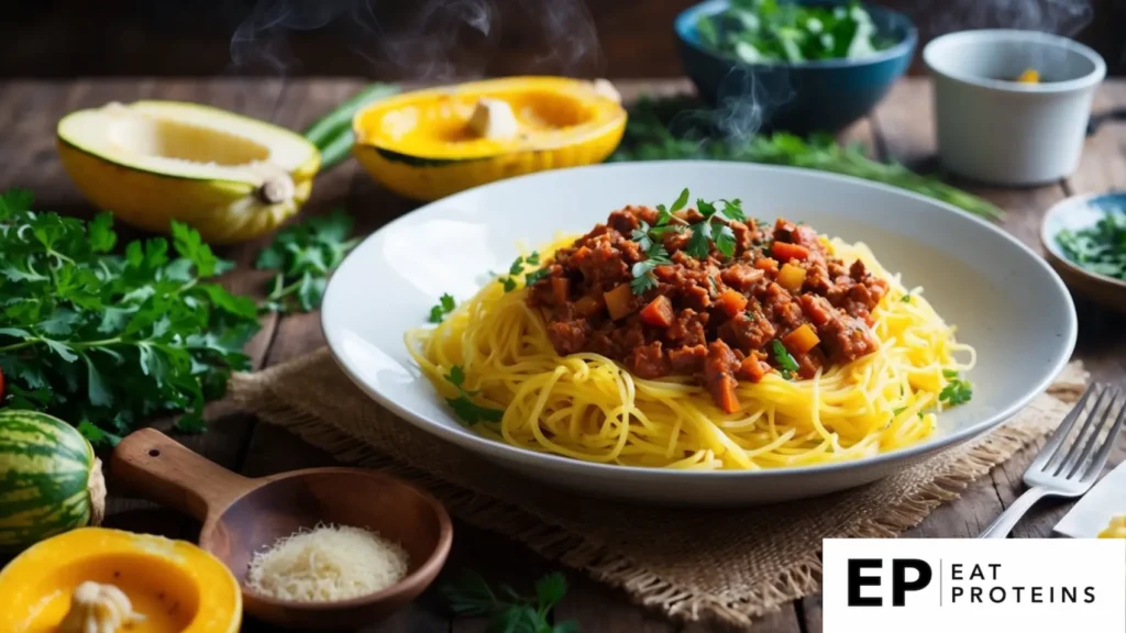 A rustic kitchen table set with a steaming plate of spaghetti squash bolognese, surrounded by fresh herbs and colorful vegetables