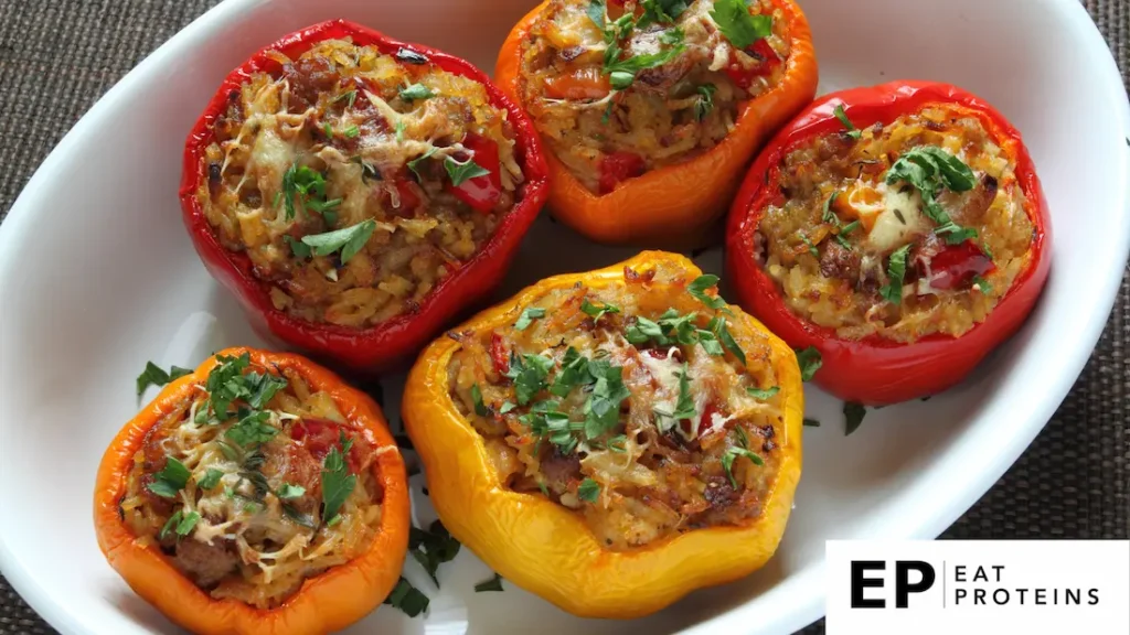 A colorful array of cooked bell peppers, filled with a delicious AIP-friendly stuffing, arranged in a white plate