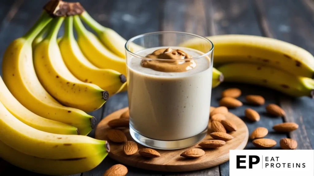 A glass filled with a creamy almond butter banana smoothie surrounded by fresh bananas and almonds