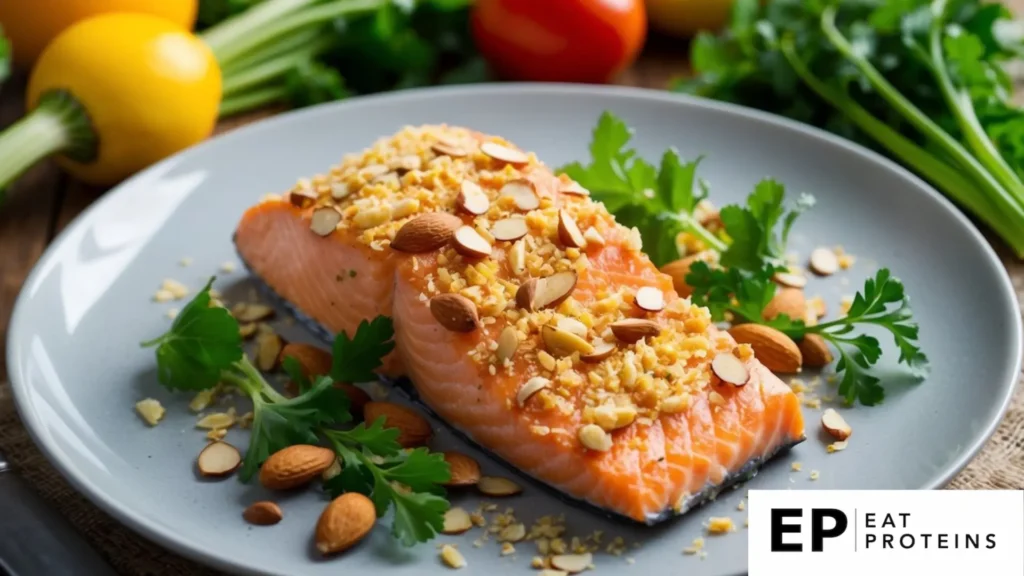 A piece of salmon coated in crushed almonds, surrounded by fresh vegetables and herbs on a plate