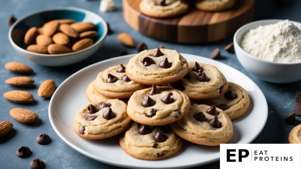 A table with a plate of almond flour chocolate chip cookies surrounded by ingredients like almonds, chocolate chips, and a bowl of flour