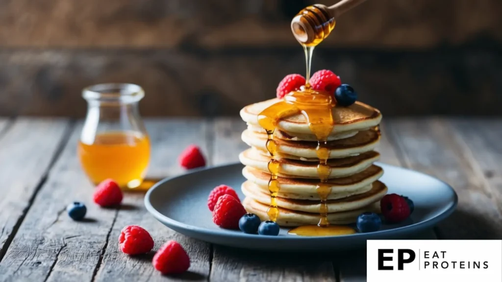 A stack of almond flour pancakes with fresh berries and a drizzle of honey on a rustic wooden table