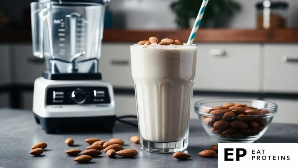 A glass filled with almond milk shake surrounded by scattered almonds and a blender on a kitchen counter