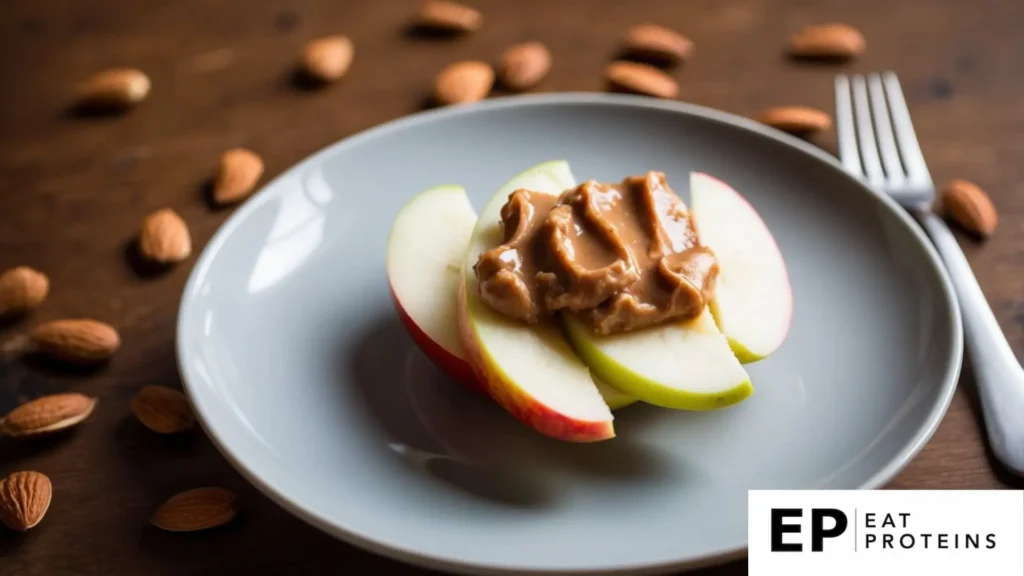 A white plate with sliced apples topped with a small amount of almond butter, placed on a wooden table