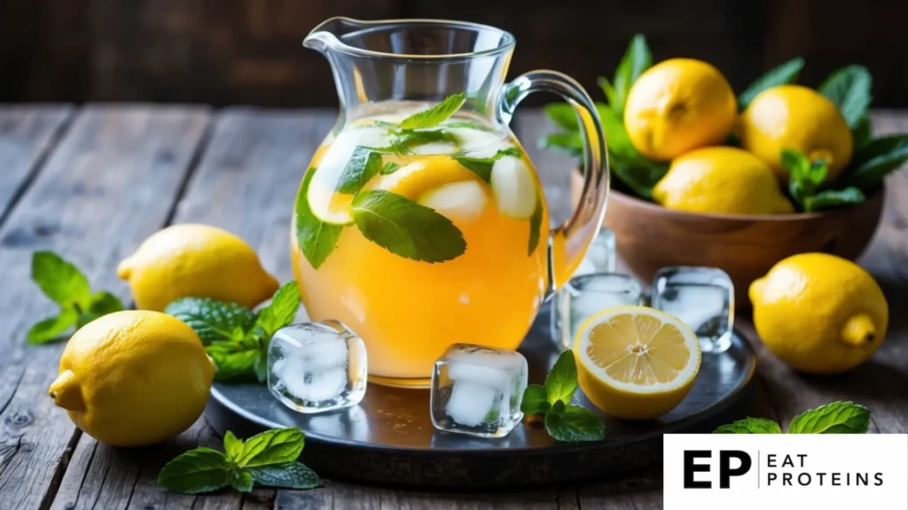 A pitcher of apple cider vinegar lemonade surrounded by fresh lemons, mint leaves, and ice cubes on a rustic wooden table