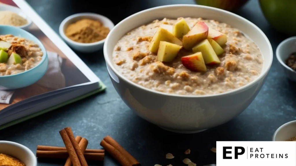 A bowl of apple cinnamon overnight oats surrounded by various ingredients and a recipe book open to "11 best dialysis diet recipes."