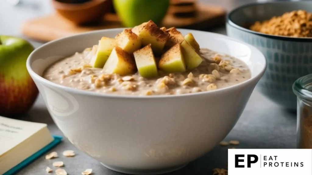 A bowl of apple cinnamon overnight oats surrounded by ingredients and a recipe book on a kitchen counter