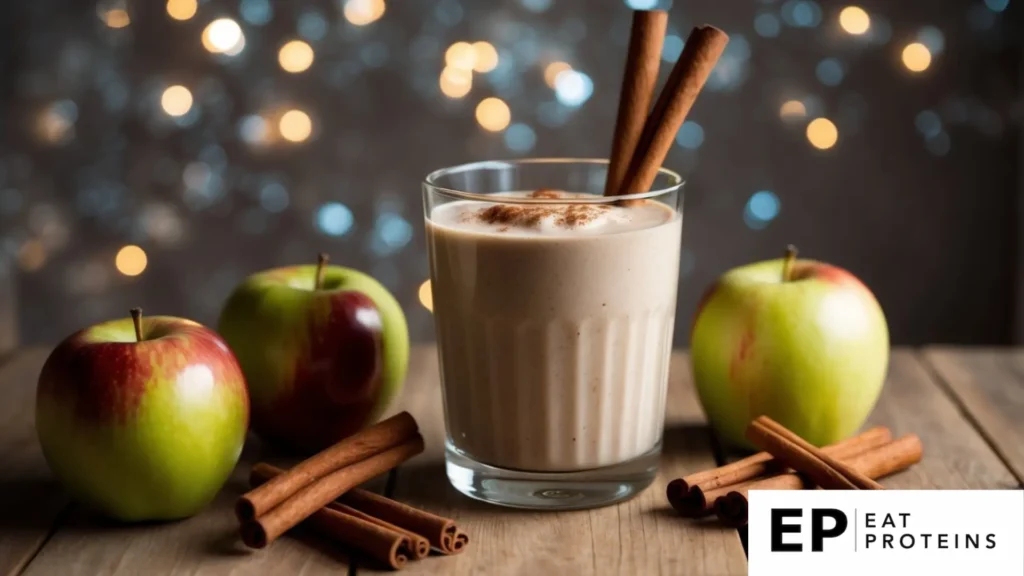 A glass filled with a creamy apple cinnamon smoothie, surrounded by fresh apples and cinnamon sticks