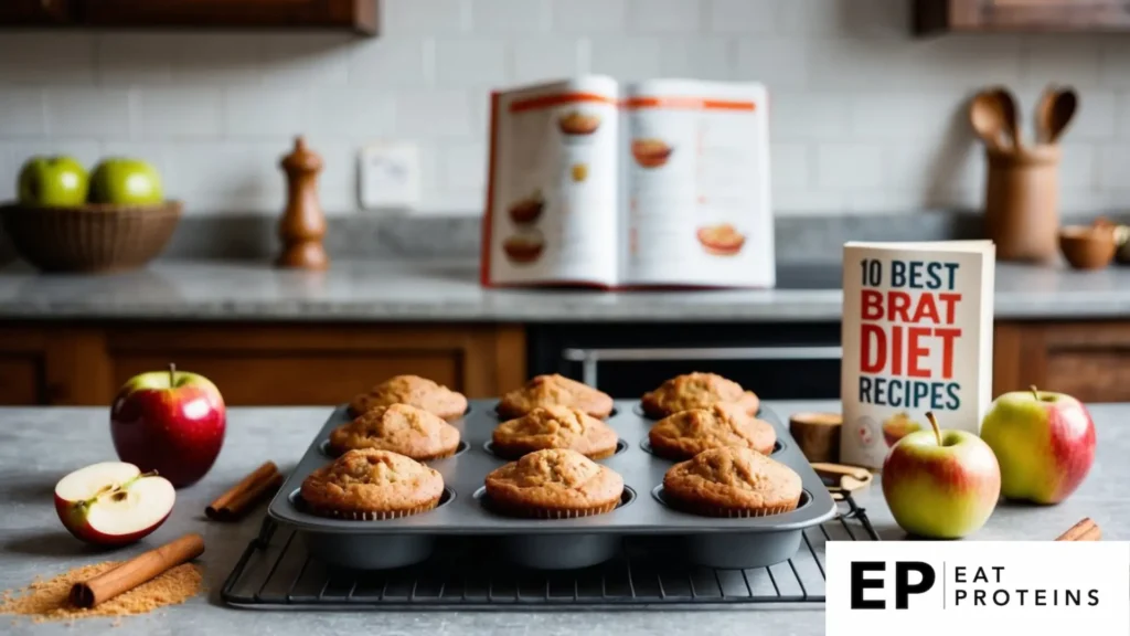 A rustic kitchen counter with a tray of freshly baked applesauce muffins, surrounded by ingredients like apples, cinnamon, and a recipe book open to "10 best brat diet recipes."