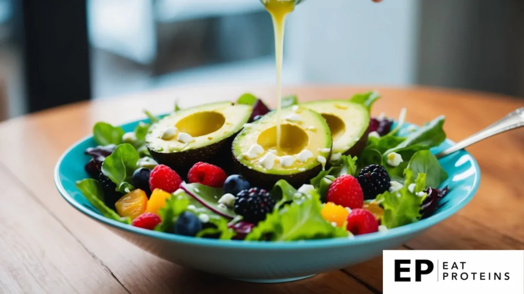 A colorful salad bowl filled with ripe avocados, mixed berries, and leafy greens, drizzled with a light vinaigrette, sitting on a wooden table