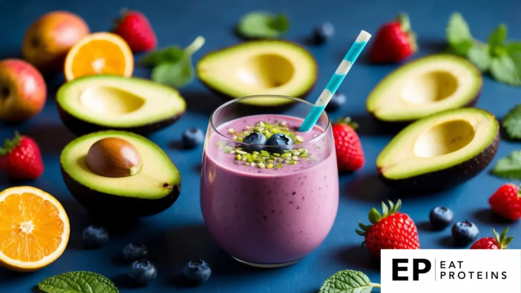 A vibrant avocado and berry smoothie surrounded by fresh fruits and heart-healthy ingredients