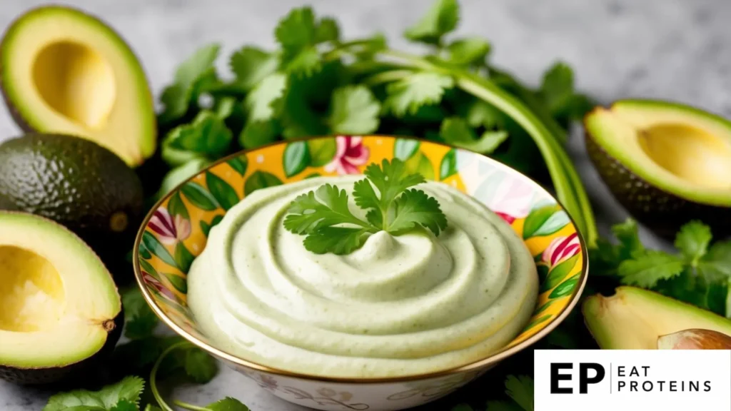 Fresh avocados and vibrant cilantro leaves arranged around a smooth, creamy dip in a decorative bowl