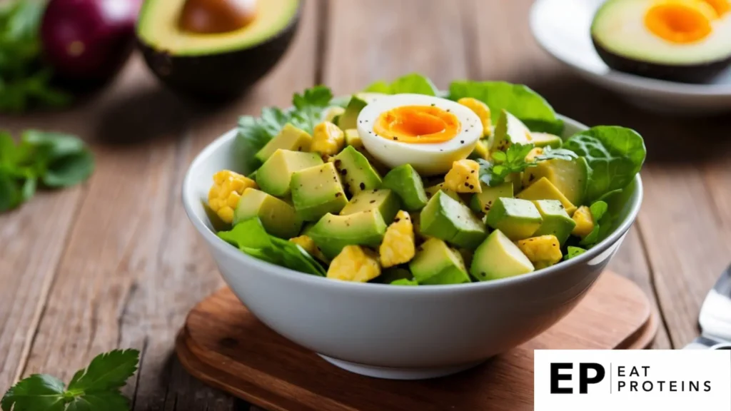 A bowl of avocado and egg salad with fresh ingredients on a wooden table