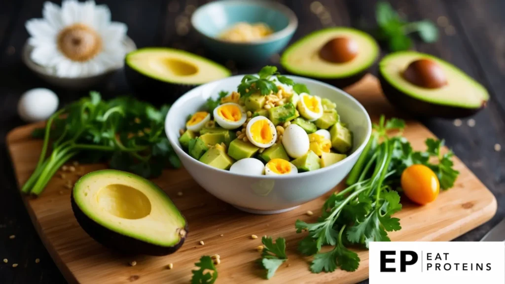 A bowl of avocado and egg salad surrounded by fresh ingredients on a wooden cutting board