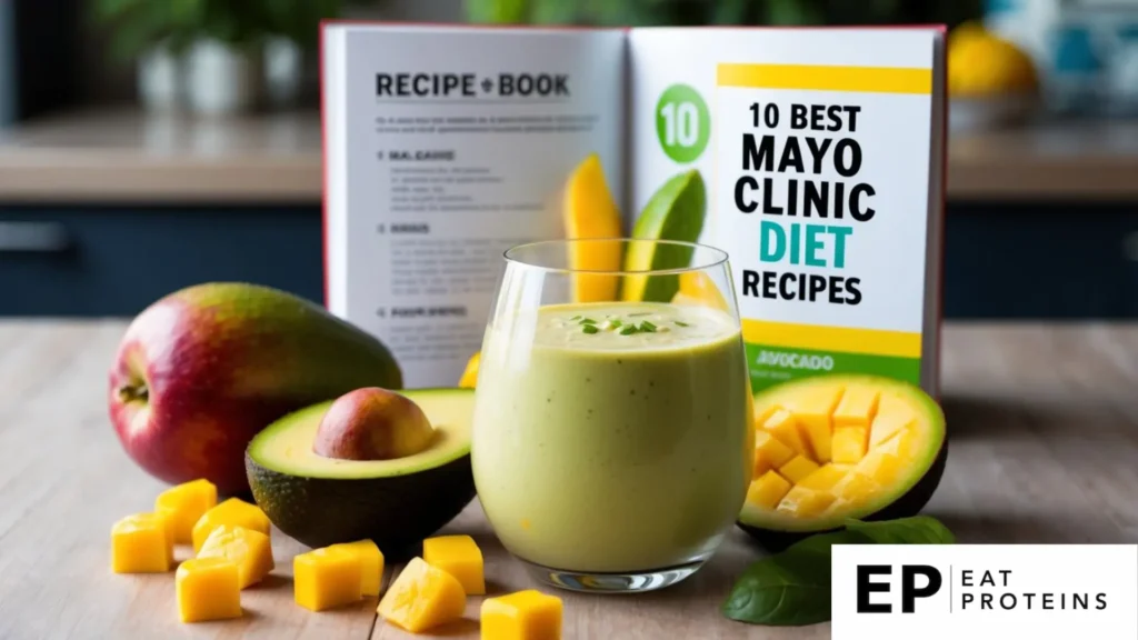 A glass of avocado and mango smoothie surrounded by fresh fruit and a recipe book open to "10 best mayo clinic diet recipes."