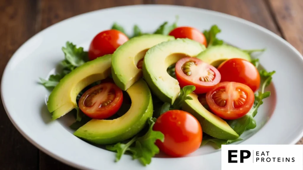 A colorful salad of sliced avocado and ripe tomatoes arranged on a white plate