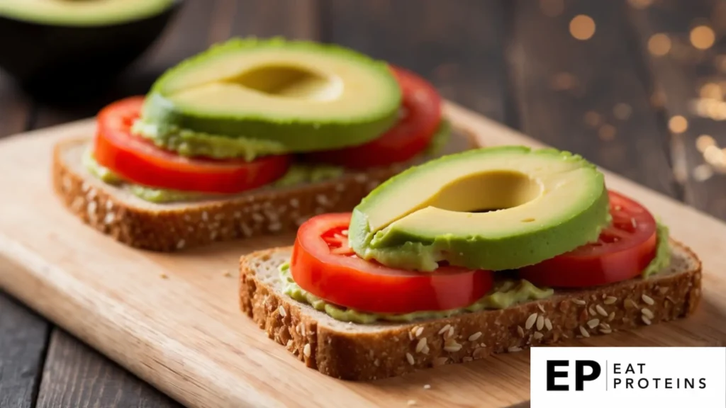 Sliced avocado and tomato on whole grain toast with a sprinkle of herbs, arranged on a wooden cutting board