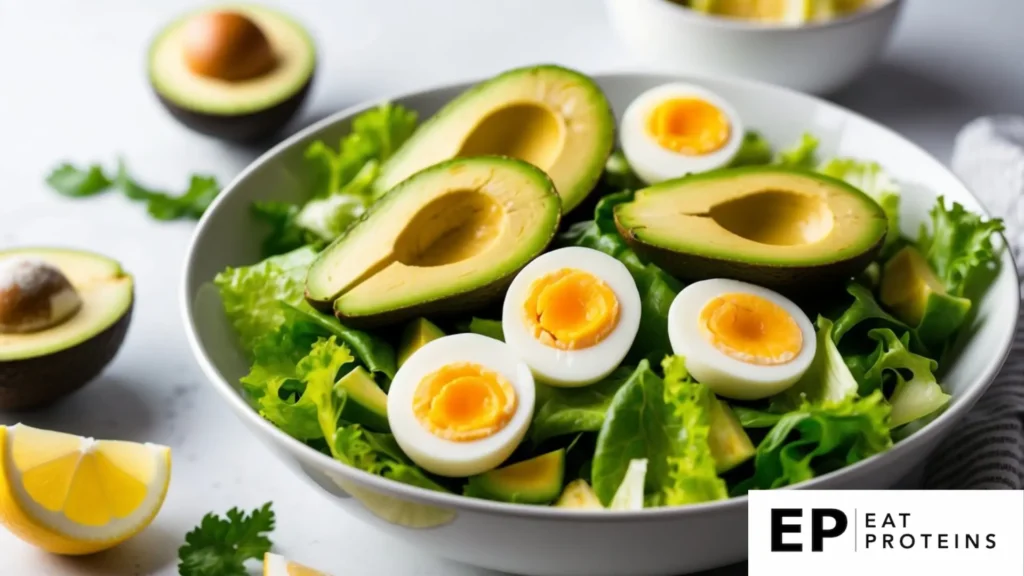 A bowl of avocado egg salad surrounded by fresh ingredients like avocado, lettuce, and lemon