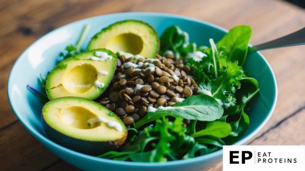 A colorful bowl filled with ripe avocados, cooked lentils, and fresh greens, drizzled with a light vinaigrette, sitting on a wooden table