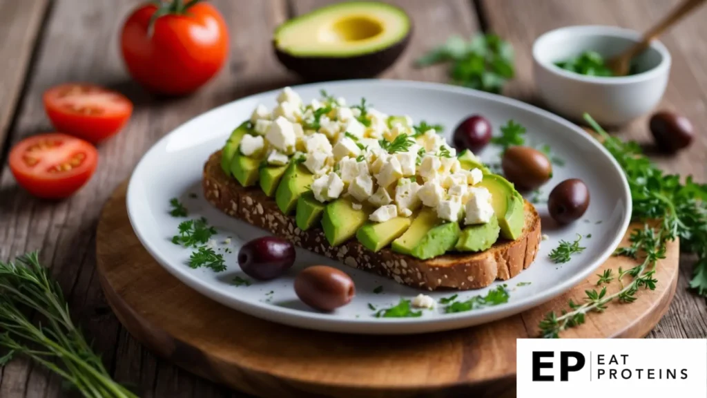 A rustic wooden table set with a plate of avocado toast topped with crumbled feta cheese, surrounded by fresh ingredients like tomatoes, olives, and herbs