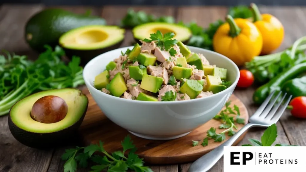 A bowl of avocado tuna salad surrounded by fresh vegetables and herbs on a wooden table