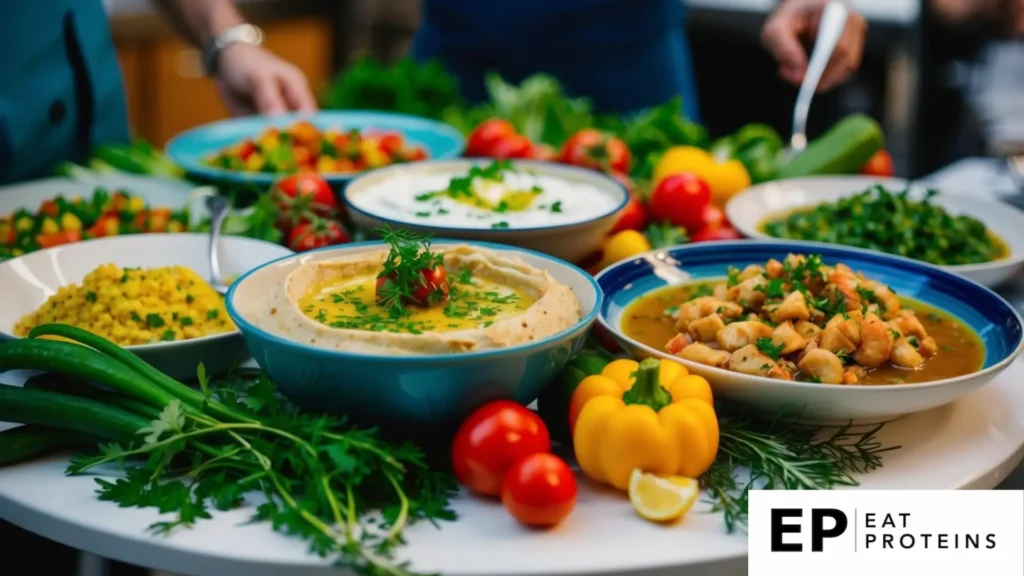 A table filled with colorful Mediterranean dishes, including baba ganoush, surrounded by fresh vegetables and herbs