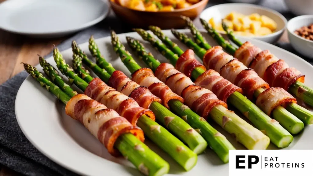 Asparagus spears wrapped in bacon arranged on a platter with other keto-friendly dishes