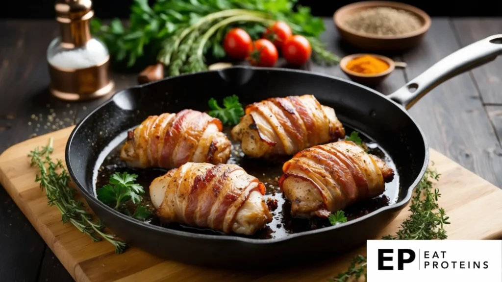 A sizzling skillet with bacon-wrapped chicken thighs, surrounded by fresh herbs and spices