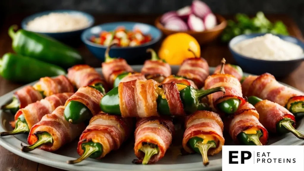 Bacon-wrapped jalapeno poppers arranged on a serving platter with a variety of low-carb ingredients in the background