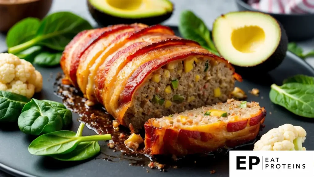 A sizzling bacon-wrapped meatloaf surrounded by keto-friendly ingredients like avocado, spinach, and cauliflower