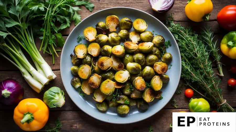 A rustic wooden table with a platter of golden brown baked Brussels sprouts surrounded by fresh herbs and colorful vegetables