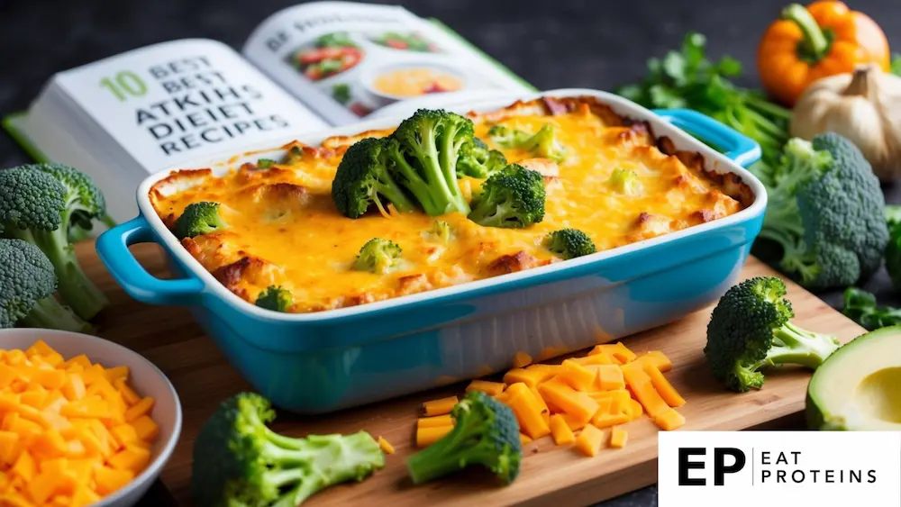 A bubbling casserole dish filled with broccoli and cheddar cheese, surrounded by fresh ingredients and a recipe book open to "10 best atkins diet recipes."