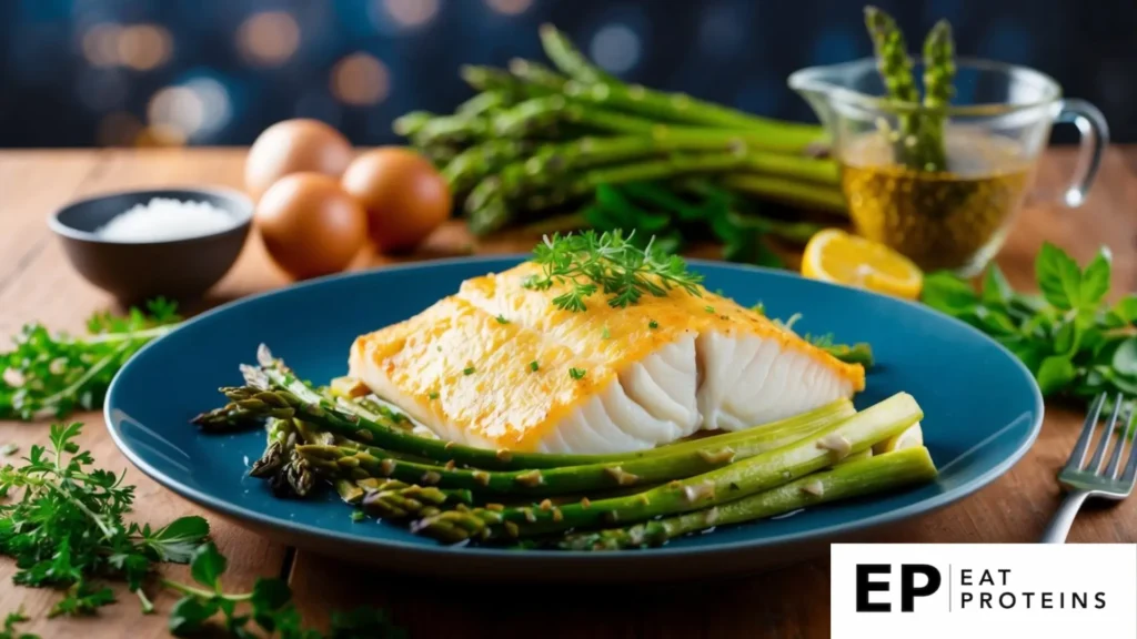 A plate of baked cod with asparagus surrounded by fresh ingredients and herbs on a wooden table