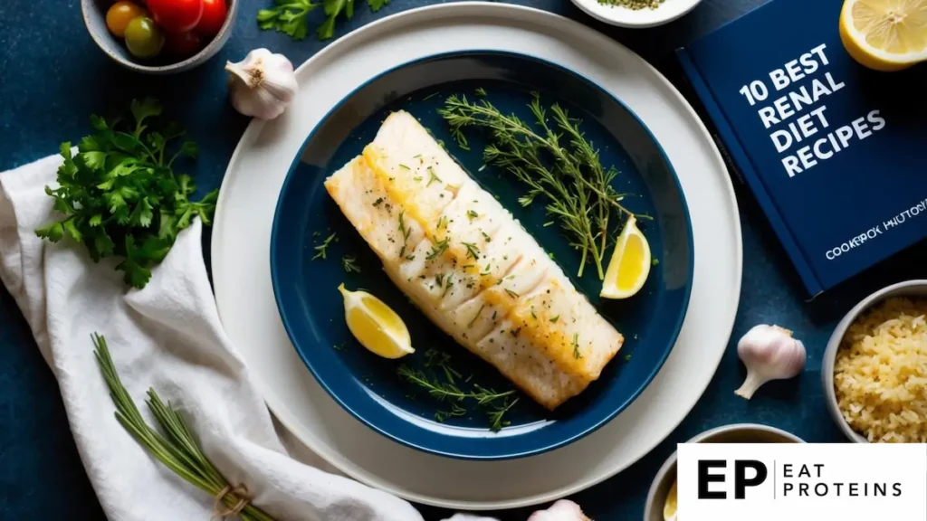 A plate of baked cod with garlic and herbs surrounded by fresh ingredients and a cookbook titled "10 Best Renal Diet Recipes."