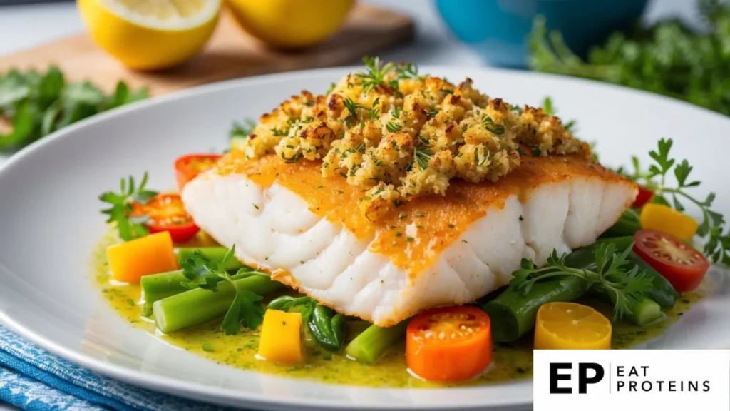 A golden-brown cod fillet topped with a flavorful herbed crust, surrounded by colorful vegetables and fresh herbs on a white plate