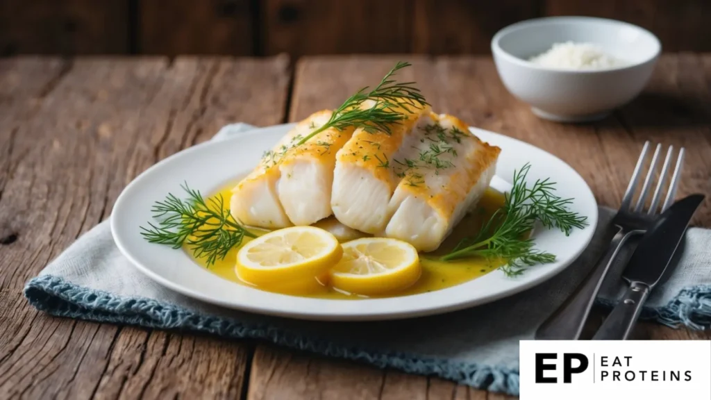 A plate of baked cod with lemon slices and dill garnish on a rustic wooden table