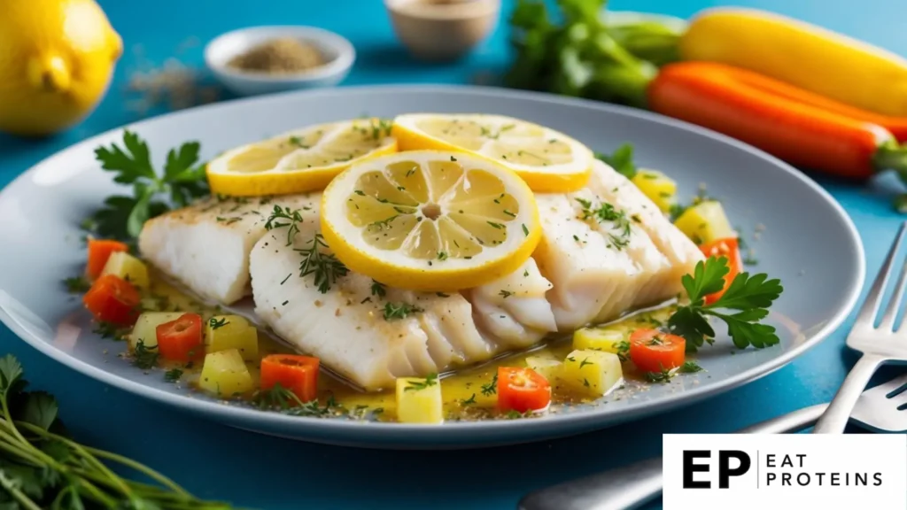 A plate of baked cod topped with lemon slices and herbs, surrounded by colorful vegetables and a sprinkle of seasoning