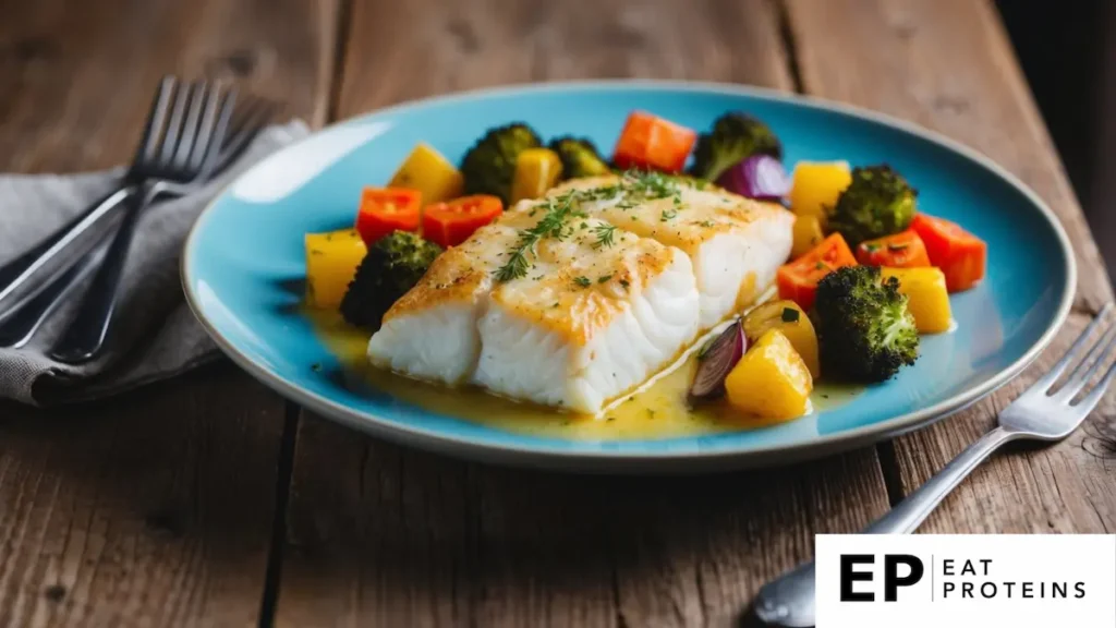 A plate of baked cod surrounded by colorful roasted vegetables on a rustic wooden table