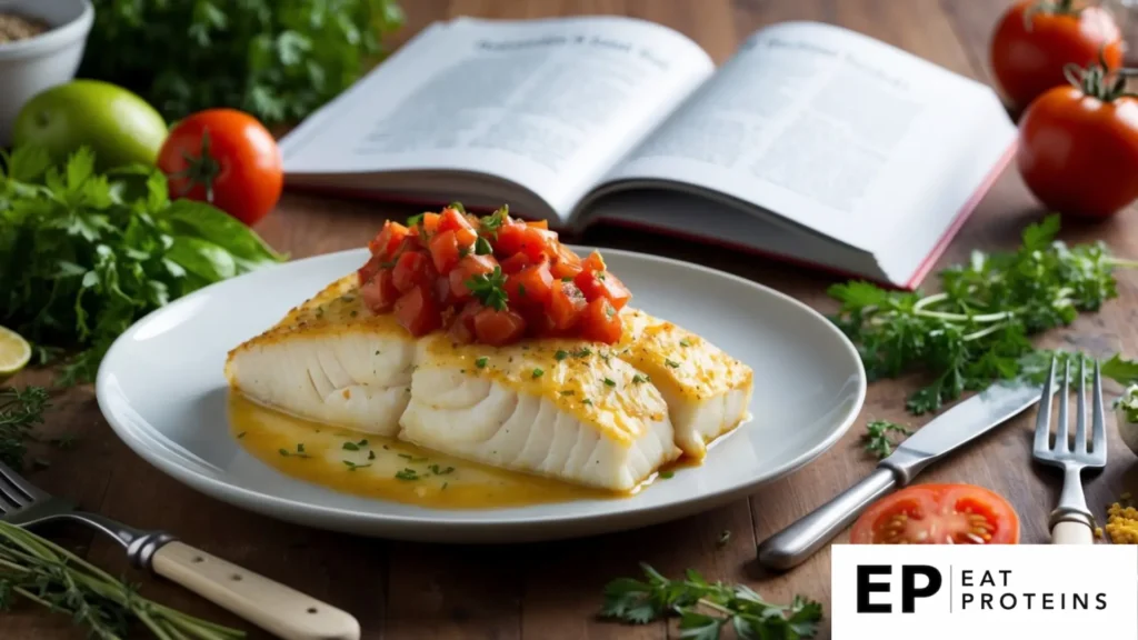 A plate of baked cod topped with tomato relish, surrounded by fresh ingredients and herbs, with a kidney-friendly recipe book open nearby