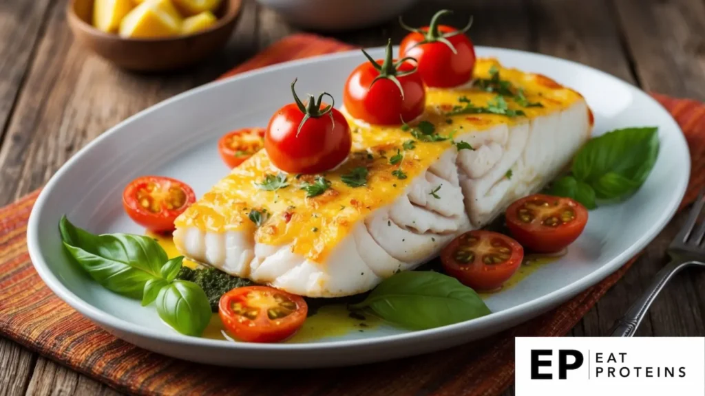 A platter of baked cod topped with tomatoes and basil on a rustic wooden table