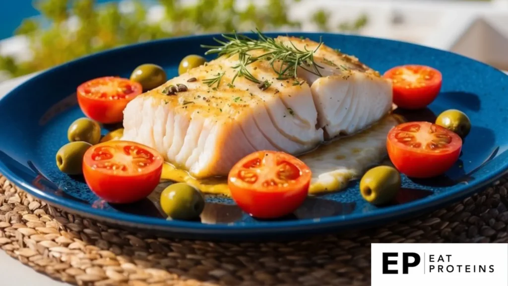 A platter of baked cod surrounded by tomatoes and olives, set against a Mediterranean backdrop of sun-drenched landscapes and azure blue seas