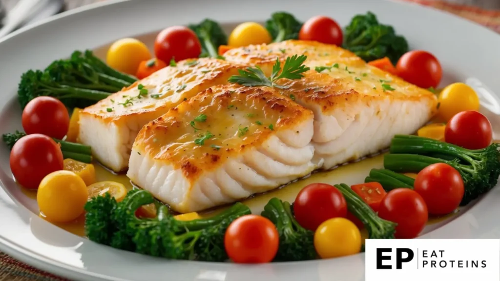 A platter of baked cod surrounded by colorful vegetables on a white plate